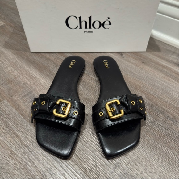 Chloe Shoes - Chloe Mae Black Leather Buckle Slide Sandals
